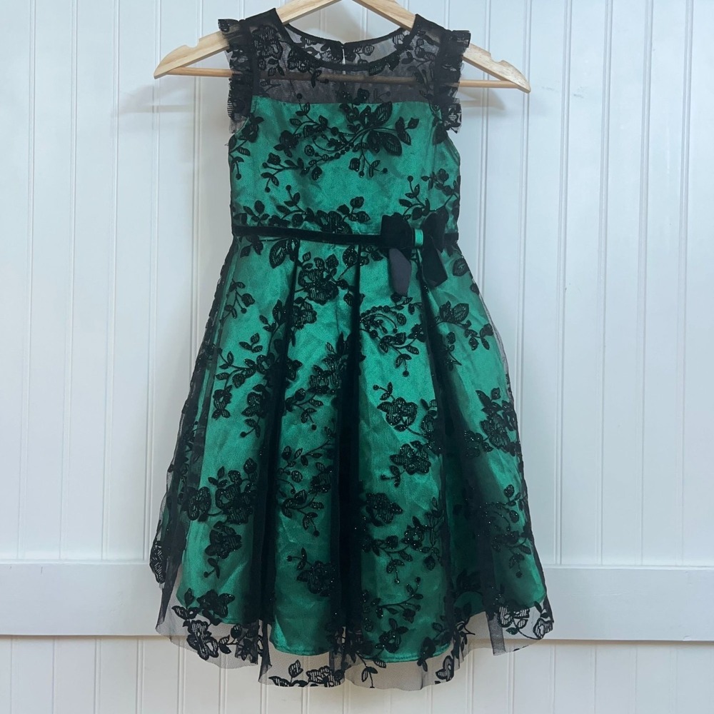 Jona Michelle Girls Dress Green Black Floral Lace Formal Special Occasion Sz 5